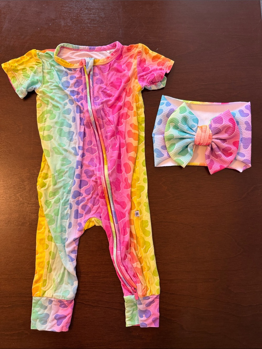 bums & roses | wild child rainbow short-sleeved bamboo romper + biggie bow